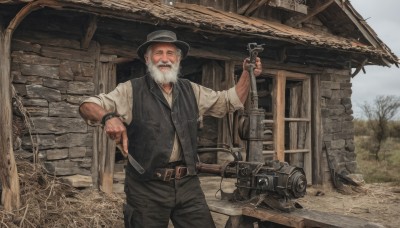 solo,looking at viewer,smile,open mouth,shirt,1boy,hat,holding,jewelry,standing,white shirt,white hair,male focus,outdoors,sky,day,belt,pants,vest,tree,black headwear,facial hair,black pants,building,beard,buckle,sleeves rolled up,watch,black vest,belt buckle,mustache,camera,brown belt,brown pants,house,old,old man,brown vest,long sleeves,weapon,cowboy shot,open clothes,collared shirt,gun,window,dress shirt,smoke,black belt,realistic,door,smoking,wristwatch,smoking pipe,cowboy hat,grey sky,cowboy western,wood