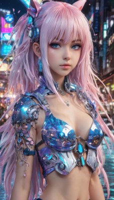 1girl,solo,long hair,breasts,looking at viewer,bangs,blue eyes,hair ornament,navel,cleavage,jewelry,closed mouth,upper body,pink hair,earrings,small breasts,outdoors,midriff,water,armor,blurry,lips,night,blurry background,shoulder armor,realistic,bikini armor,animal ears,medium breasts,swimsuit,bikini,necklace,stomach,two side up,eyelashes,makeup,headgear,watermark,expressionless,building,gem,armlet,science fiction,city,nose,arms at sides,cyberpunk