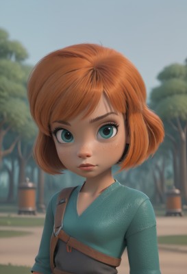 1girl,solo,looking at viewer,short hair,bangs,blue eyes,brown hair,shirt,closed mouth,green eyes,upper body,outdoors,day,artist name,orange hair,blurry,flat chest,tree,lips,eyelashes,blurry background,swept bangs,blue shirt,child,freckles,green shirt,female child,overalls,red hair,watermark,bob cut,nose