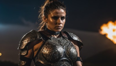 1girl,solo,short hair,brown hair,black hair,1boy,upper body,ponytail,male focus,dark skin,armor,blurry,black eyes,lips,blurry background,fire,shoulder armor,pauldrons,breastplate,realistic,looking at viewer,brown eyes,closed mouth,serious