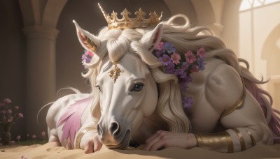 solo,long hair,blonde hair,hair ornament,1boy,jewelry,flower,male focus,horns,indoors,hair flower,black eyes,bracelet,no humans,animal,crown,single horn,pink flower,armlet,purple flower,horse,unicorn,1girl,looking at viewer,blue eyes,animal ears,lying,on stomach,realistic