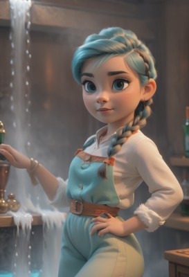 1girl,solo,long hair,looking at viewer,smile,blue eyes,shirt,long sleeves,jewelry,closed mouth,blue hair,white shirt,braid,cowboy shot,earrings,belt,artist name,indoors,water,blurry,lips,hand on hip,fur trim,single braid,aqua hair,blurry background,thick eyebrows,bottle,aged down,child,hair over shoulder,freckles,nose,stud earrings,brown belt,overalls,breasts,blush,bow,holding,standing,hair ribbon,pants,depth of field,watermark,web address,pouring