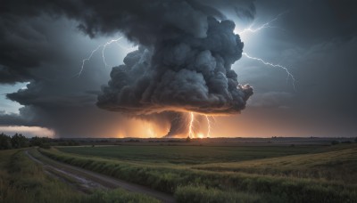 outdoors,sky,cloud,tree,no humans,cloudy sky,grass,fire,ground vehicle,nature,scenery,smoke,electricity,lightning,field,landscape