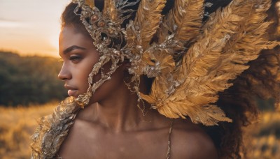 1girl,solo,long hair,brown hair,black hair,hair ornament,bare shoulders,brown eyes,collarbone,upper body,outdoors,parted lips,dark skin,blurry,from side,dark-skinned female,lips,eyelashes,profile,depth of field,blurry background,looking away,feathers,portrait,realistic,nose,short hair,jewelry,closed eyes,wings,looking to the side,crown,gold,gold chain