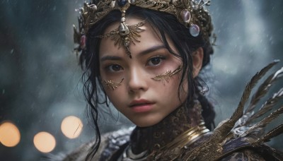 1girl,solo,long hair,looking at viewer,black hair,hair ornament,brown eyes,jewelry,closed mouth,braid,artist name,necklace,armor,blurry,lips,depth of field,blurry background,tiara,feathers,crown,gem,portrait,freckles,rain,snowing,realistic,nose,bangs,eyelashes,close-up,headdress,gold