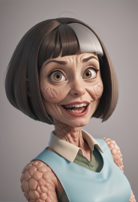 1girl,solo,looking at viewer,smile,short hair,open mouth,bangs,simple background,brown hair,shirt,brown eyes,upper body,:d,teeth,sleeveless,collared shirt,blunt bangs,grey background,lips,sleeveless shirt,bob cut,blue shirt,wing collar,monster girl,veins,realistic,horror (theme),breasts,black hair,vest,gradient,gradient background,eyelashes,sweater vest,nose,cyborg