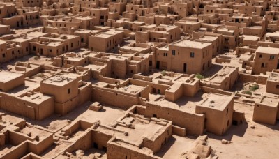 outdoors,tree,no humans,building,scenery,city,road,ruins,ground vehicle,box,motor vehicle,cityscape,house,cardboard box