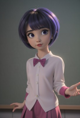 1girl,solo,looking at viewer,smile,short hair,bangs,skirt,shirt,black hair,hair ornament,long sleeves,bow,closed mouth,school uniform,standing,purple eyes,white shirt,purple hair,cowboy shot,pleated skirt,small breasts,collared shirt,artist name,indoors,bowtie,lips,dress shirt,makeup,buttons,lipstick,pink bow,pink skirt,freckles,purple skirt,purple bow,chalkboard,parted lips,teeth,looking to the side,eyelashes,bob cut,sleeves rolled up,realistic,nose,red lips