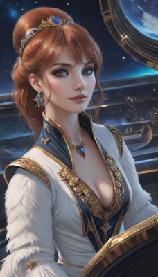 1girl,solo,long hair,breasts,looking at viewer,blush,smile,brown hair,hair ornament,dress,cleavage,brown eyes,jewelry,medium breasts,collarbone,upper body,earrings,sky,necklace,hair bun,star (symbol),white dress,lips,fur trim,single hair bun,tiara,gem,instrument,star (sky),pendant,starry sky,realistic,nose,red lips,space,planet,earth (planet),piano,bangs,makeup