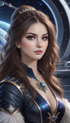 1girl,solo,long hair,breasts,looking at viewer,brown hair,cleavage,brown eyes,jewelry,medium breasts,upper body,earrings,parted lips,necklace,lips,fur trim,eyelashes,makeup,gem,star (sky),freckles,realistic,nose,space,planet,earth (planet),hair ornament,dress,ponytail,artist name,blue dress,forehead,starry sky