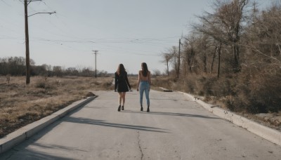 long hair,multiple girls,skirt,brown hair,shirt,black hair,long sleeves,dress,2girls,standing,outdoors,sky,shoes,day,pants,bag,from behind,black footwear,black dress,tree,shadow,holding hands,grass,denim,scenery,walking,jeans,blue pants,facing away,road,wide shot,power lines,bare tree,street,utility pole,socks,black shirt,photo background