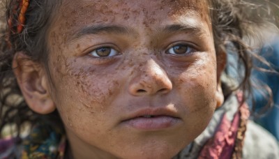 1girl,solo,looking at viewer,brown hair,brown eyes,frills,parted lips,teeth,blurry,lips,depth of field,blurry background,portrait,close-up,freckles,realistic,nose,dirty,black hair,sweat,looking up