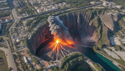 outdoors,sky,cloud,tree,no humans,fire,building,scenery,smoke,mountain,city,dragon,sun,explosion,ruins,bridge,destruction,overgrown,molten rock,water,dutch angle,ocean,from above,fantasy,cityscape,river,landscape