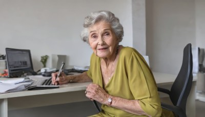 1girl,solo,looking at viewer,smile,1boy,holding,jewelry,sitting,closed mouth,upper body,white hair,grey hair,male focus,indoors,blurry,grey eyes,blurry background,chair,table,desk,watch,realistic,pen,wristwatch,computer,old,monitor,old man,laptop,holding pen,keyboard (computer),mouse (computer),drawing tablet,old woman,office,wrinkled skin,short hair,dress,earrings,yellow dress