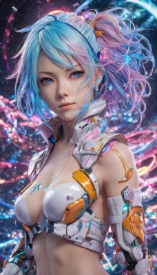 1girl,solo,breasts,looking at viewer,short hair,bangs,blue eyes,hair ornament,navel,cleavage,bare shoulders,jewelry,medium breasts,closed mouth,blue hair,swimsuit,upper body,ponytail,pink hair,bikini,multicolored hair,earrings,midriff,armor,blurry,two-tone hair,lips,eyelashes,blurry background,science fiction,realistic,nose,cable,cyborg,cyberpunk,small breasts,gradient hair