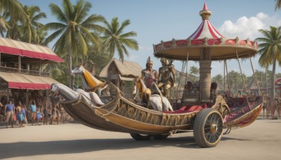 multiple girls,sitting,weapon,male focus,outdoors,multiple boys,sky,day,cloud,armor,tree,blue sky,umbrella,beach,helmet,ground vehicle,motor vehicle,6+boys,sand,palm tree,flag,watercraft,vehicle focus,boat,scenery,car,parasol,horse,beach umbrella,crowd,desert,people