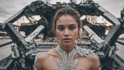 1girl,solo,looking at viewer,short hair,brown hair,dress,bare shoulders,brown eyes,upper body,parted lips,dark skin,white dress,mole,blurry,dark-skinned female,lips,blurry background,portrait,freckles,science fiction,realistic,straight-on,blue eyes,collarbone,grey eyes,robot,mole under mouth,mecha,mole on cheek