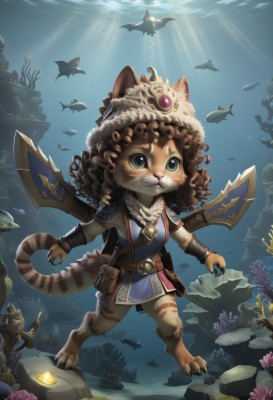 1girl,solo,brown hair,hat,animal ears,green eyes,tail,full body,weapon,belt,water,armor,fur trim,animal,sunlight,cat,claws,furry,fish,curly hair,pouch,light rays,underwater,furry female,bracer,sunbeam,whiskers,turtle,coral,seaweed,long hair,blue eyes,1boy,jewelry,flower,male focus,sword,bird,bubble,rock,animal hood,air bubble