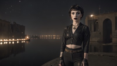 1girl,solo,breasts,looking at viewer,short hair,bangs,black hair,gloves,navel,brown eyes,jewelry,standing,jacket,cowboy shot,earrings,outdoors,sky,black gloves,midriff,belt,pants,blunt bangs,fingerless gloves,necklace,nail polish,black eyes,bracelet,lips,black jacket,crop top,tattoo,makeup,night,black pants,ring,lipstick,building,star (sky),black nails,night sky,buckle,eyeshadow,zipper,starry sky,cropped jacket,hoop earrings,belt buckle,realistic,arms at sides,red lips,eyeliner,very short hair,leather,leather jacket,mascara,black lips,leather pants,long sleeves,small breasts,parted lips,scenery