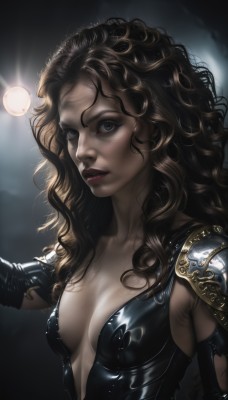 1girl,solo,long hair,breasts,looking at viewer,brown hair,black hair,gloves,cleavage,medium breasts,collarbone,upper body,small breasts,parted lips,elbow gloves,armor,black eyes,lips,grey eyes,bodysuit,makeup,wavy hair,shoulder armor,messy hair,curly hair,pauldrons,realistic,nose,center opening,teeth,shiny,lipstick