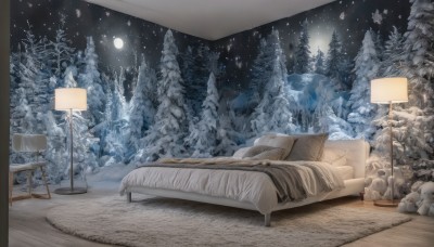 outdoors,sky,indoors,tree,pillow,no humans,window,bed,night,stuffed toy,moon,table,stuffed animal,star (sky),nature,night sky,scenery,couch,snow,full moon,forest,teddy bear,wooden floor,snowing,lamp,bedroom,winter,bare tree,pine tree,mountain,bench,lamppost