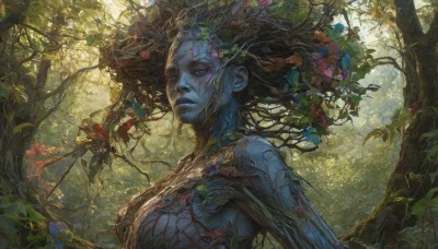 1girl,solo,long hair,breasts,blue eyes,medium breasts,closed mouth,upper body,flower,nude,outdoors,tree,lips,colored skin,leaf,sunlight,plant,nature,forest,blue skin,branch,vines,looking at viewer,brown hair,floating hair,monster girl,realistic,facepaint,green skin,plant girl