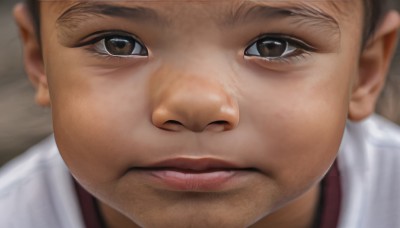 solo,looking at viewer,brown hair,shirt,1boy,brown eyes,closed mouth,white shirt,male focus,parted lips,blurry,lips,blurry background,portrait,close-up,realistic,nose