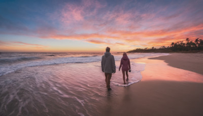 1girl, short hair, black hair, 1boy, outdoors, sky, cloud, hood, water, from behind, tree, holding hands, ocean, beach, scenery, walking, sunset, sand, shore, footprints