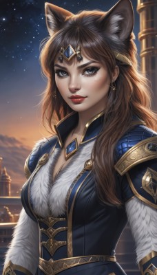 1girl,solo,long hair,breasts,looking at viewer,blue eyes,brown hair,animal ears,cleavage,jewelry,medium breasts,upper body,earrings,outdoors,parted lips,sky,artist name,cat ears,signature,armor,blurry,lips,animal ear fluff,grey eyes,fur trim,makeup,night,tiara,lipstick,shoulder armor,gem,star (sky),night sky,starry sky,freckles,circlet,red lips,bangs,hair ornament,closed mouth,cloud,necklace,eyelashes,wolf ears,pauldrons,nose,fur,pillar,mascara