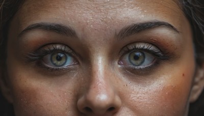 1girl,solo,looking at viewer,brown hair,black hair,1boy,brown eyes,yellow eyes,male focus,mole,blurry,eyelashes,blood,portrait,close-up,freckles,realistic,eye focus,blood on face