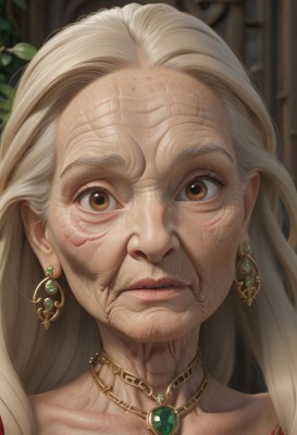 1girl,solo,long hair,looking at viewer,blonde hair,brown eyes,jewelry,collarbone,white hair,earrings,parted lips,necklace,blurry,lips,blurry background,gem,portrait,close-up,freckles,veins,realistic,old,old woman,wrinkled skin