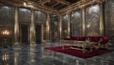 indoors,tree,cup,no humans,window,chair,table,plant,scenery,couch,snow,drinking glass,reflection,mirror,stairs,door,tiles,candle,wine glass,tile floor,pillar,bare tree,carpet,candlestand,reflective floor,chandelier,signature,rain,wooden floor,throne,statue