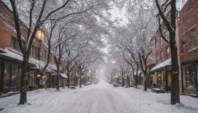 outdoors, tree, dutch angle, no humans, window, building, scenery, snow, snowing, fence, road, house, winter, lamppost, bare tree, street