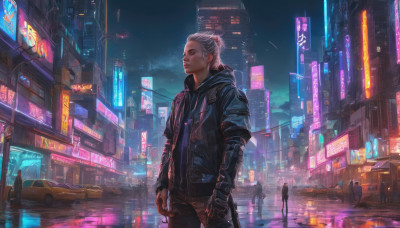 1girl, jacket, white hair, outdoors, sky, solo focus, night, ground vehicle, building, scenery, motor vehicle, reflection, science fiction, city, realistic, car, cyberpunk, neon lights