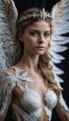 1girl,solo,long hair,breasts,looking at viewer,blue eyes,blonde hair,simple background,brown hair,jewelry,closed mouth,upper body,earrings,small breasts,wings,lips,black background,feathered wings,angel wings,realistic,white wings,angel,head wreath,dress,medium breasts,collarbone,braid,tiara,nose