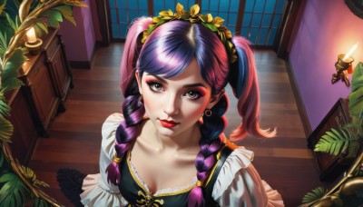 1girl,solo,long hair,breasts,looking at viewer,bangs,hair ornament,dress,cleavage,twintails,jewelry,medium breasts,green eyes,collarbone,upper body,pink hair,purple hair,braid,short sleeves,multicolored hair,earrings,frills,puffy sleeves,indoors,twin braids,two-tone hair,lips,eyelashes,window,makeup,swept bangs,from above,plant,lipstick,eyeshadow,wooden floor,red lips,potted plant,lamp,eyeliner,candle,mascara,candlestand,small breasts,night,leaf,mirror,realistic,german clothes,dirndl