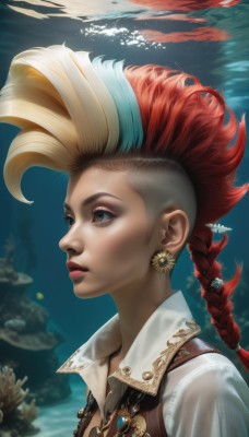 1girl,solo,long hair,blue eyes,blonde hair,shirt,hair ornament,jewelry,upper body,braid,red hair,multicolored hair,earrings,parted lips,artist name,water,necklace,blurry,vest,from side,two-tone hair,lips,eyelashes,single braid,makeup,looking away,lipstick,gem,bubble,braided ponytail,underwater,realistic,nose,red lips,mascara,blue hair,collared shirt,blurry background,portrait,asymmetrical hair,shell,mohawk,coral