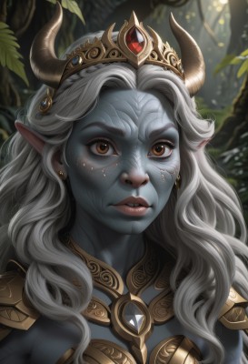 1girl,solo,long hair,breasts,looking at viewer,brown eyes,jewelry,upper body,white hair,grey hair,earrings,outdoors,parted lips,horns,teeth,pointy ears,artist name,armor,blurry,lips,blurry background,colored skin,leaf,wavy hair,tiara,crown,demon horns,shoulder armor,gem,portrait,nature,forest,pauldrons,blue skin,grey skin,tree,orange eyes,elf,close-up,freckles,realistic,nose,fake horns