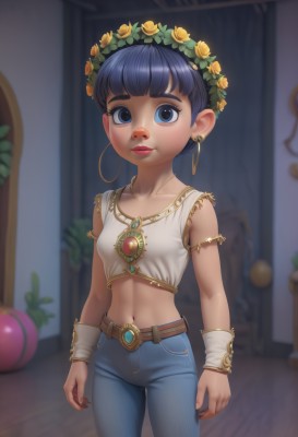 1girl,solo,breasts,looking at viewer,short hair,bangs,blue eyes,shirt,black hair,hair ornament,navel,jewelry,closed mouth,blue hair,standing,collarbone,white shirt,flower,cowboy shot,earrings,small breasts,sleeveless,midriff,belt,pants,indoors,hair flower,blunt bangs,necklace,blurry,flat chest,lips,crop top,sleeveless shirt,makeup,blurry background,piercing,tank top,denim,lipstick,gem,child,armlet,freckles,jeans,hoop earrings,yellow flower,nose,arms at sides,blue pants,red lips,female child,bracer,head wreath,blush,wrist cuffs,plant,gold,wreath