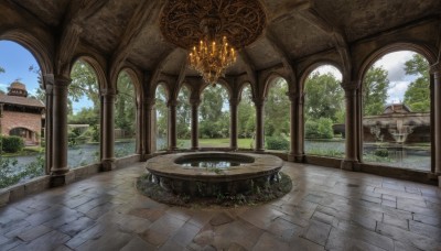 outdoors,sky,day,cloud,water,tree,blue sky,no humans,window,sunlight,plant,building,scenery,reflection,stairs,door,candle,architecture,pillar,church,arch,column,flower,indoors,grass,fantasy,bush,ruins,bridge,statue,chandelier,overgrown,garden,fountain