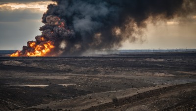 outdoors,sky,cloud,water,military,no humans,ocean,cloudy sky,fire,scenery,smoke,military vehicle,watercraft,explosion,ship,warship,burning,day,beach