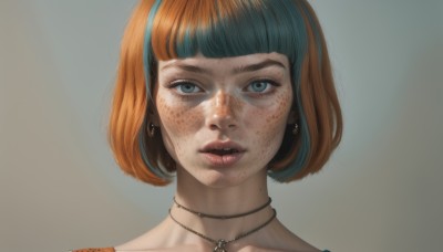 1girl,solo,looking at viewer,short hair,bangs,blue eyes,simple background,jewelry,blue hair,collarbone,multicolored hair,earrings,parted lips,teeth,choker,blunt bangs,grey background,necklace,orange hair,mole,two-tone hair,lips,grey eyes,makeup,bob cut,portrait,freckles,realistic,nose,brown hair,artist name,streaked hair