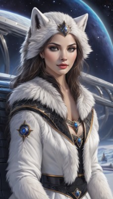 1girl,solo,long hair,breasts,looking at viewer,brown hair,hat,animal ears,cleavage,brown eyes,jewelry,medium breasts,upper body,earrings,sky,belt,hood,lips,coat,fur trim,makeup,lipstick,brooch,gem,star (sky),snow,eyeshadow,starry sky,animal hood,realistic,nose,white coat,winter clothes,red lips,space,planet,earth (planet),long sleeves,dress,closed mouth,artist name,signature,necklace,eyelashes