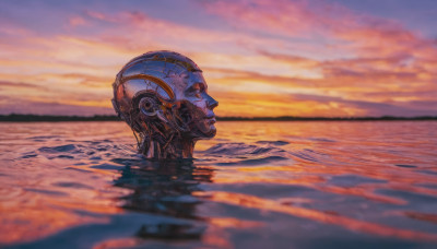 outdoors, sky, cloud, water, blurry, from side, dutch angle, no humans, ocean, robot, scenery, reflection, science fiction, sunset, horizon, evening, orange sky