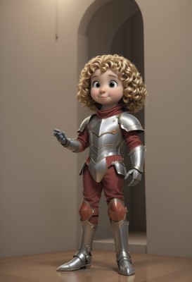 1girl,solo,looking at viewer,short hair,blonde hair,brown hair,brown eyes,closed mouth,standing,full body,boots,pants,indoors,dark skin,armor,black eyes,shoulder armor,gauntlets,child,reflection,curly hair,pauldrons,breastplate,armored boots,greaves,red pants,plate armor,smile,gloves,1boy,male focus