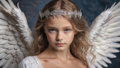 1girl,solo,long hair,looking at viewer,blue eyes,blonde hair,brown hair,hair ornament,closed mouth,collarbone,wings,lips,wavy hair,tiara,portrait,feathered wings,freckles,angel wings,realistic,white wings,angel,head wreath,upper body