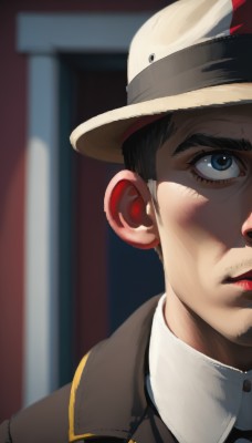 solo,looking at viewer,short hair,blue eyes,shirt,black hair,1boy,hat,closed mouth,jacket,male focus,collared shirt,blurry,lips,blurry background,thick eyebrows,portrait,brown jacket,realistic,white shirt,facial hair,close-up