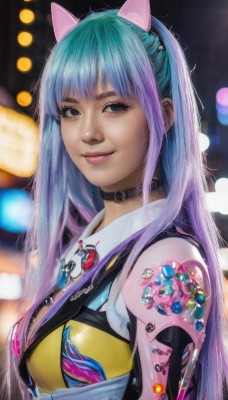 1girl,solo,long hair,breasts,looking at viewer,smile,bangs,animal ears,medium breasts,closed mouth,blue hair,upper body,pink hair,purple hair,multicolored hair,choker,cat ears,blurry,black eyes,two-tone hair,lips,aqua hair,gradient hair,makeup,blurry background,fake animal ears,black choker,science fiction,realistic,nose,blue eyes,from side,eyelashes,tattoo,depth of field,freckles,bokeh,button badge,cyberpunk