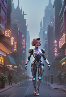 1girl,breasts,looking at viewer,short hair,blue eyes,brown hair,medium breasts,standing,full body,pink hair,outdoors,solo focus,armor,lips,bodysuit,makeup,night,glowing,plant,robot,building,skin tight,walking,science fiction,city,sign,android,chinese text,potted plant,road,joints,mechanical arms,multiple others,cyborg,street,robot joints,skyscraper,open hands,power armor,cyberpunk,neon lights,power suit,people,hologram,green eyes,small breasts,high heels,thigh gap,shoulder armor,gem,backlighting,nose,cityscape,forehead jewel,crowd,flower pot,humanoid robot,pavement