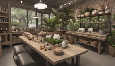 food,indoors,tree,cup,no humans,window,chair,table,bottle,plant,scenery,plate,bowl,basket,potted plant,lamp,bread,stool,shelf,jar,light bulb,counter,ceiling light,fruit,couch,alcohol,dog,wooden floor,ceiling,bar (place)